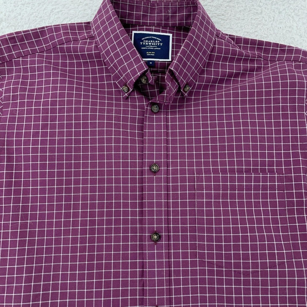 Charles Tyrwhitt Shirt Mens Medium Purple Windowpane Slim Fit Non Iron‎ Dress